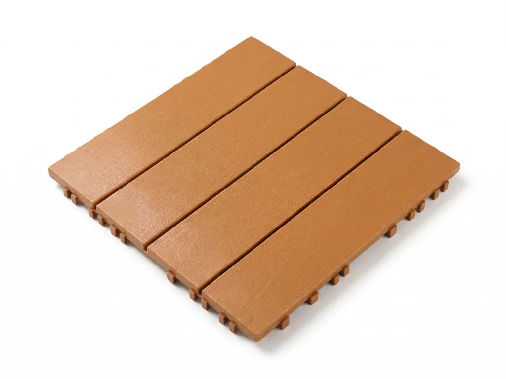 30x30cm modular linear straight grain plastic interlocking deck tiles in natural wood color with a realistic timber texture for low-maintenance DIY patio and balcony flooring.