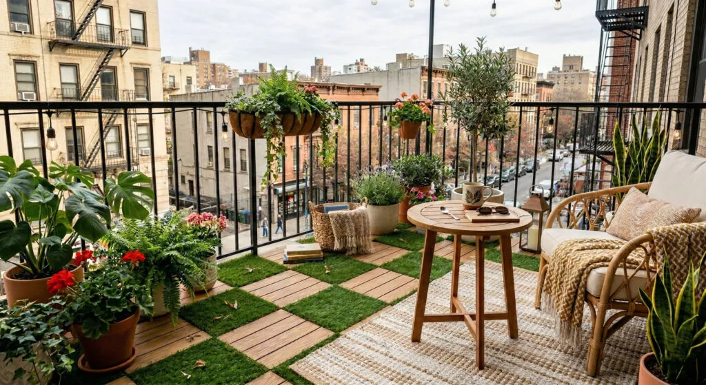 Rustic Style Interlocking Wood and Grass Deck Tiles for Small Balcony, Home Leisure Balcony Garden Flooring Decor