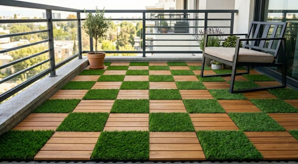 Interlocking Deck Tiles with Artificial Grass Checkerboard Pattern, Balcony Patio Outdoor Flooring for Leisure Space