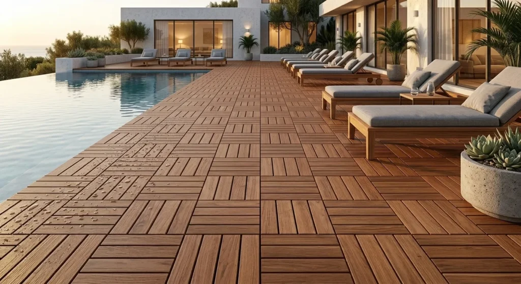 Waterproof Wood Look Interlocking Deck Tiles for Poolside, Non-Slip Outdoor Patio Flooring