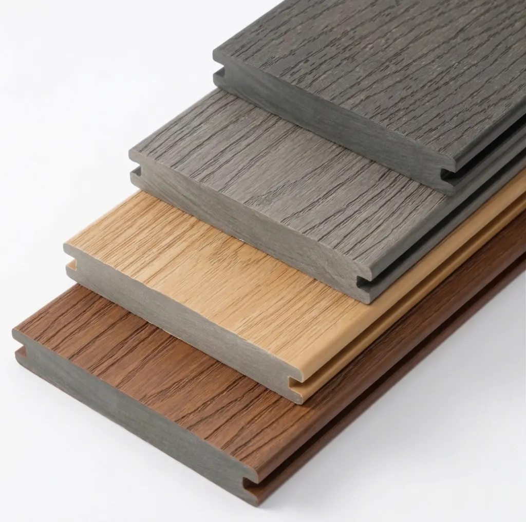 Four wood-textured composite decking boards in gray, beige, and brown shades are stacked in a staggered arrangement on a white background.