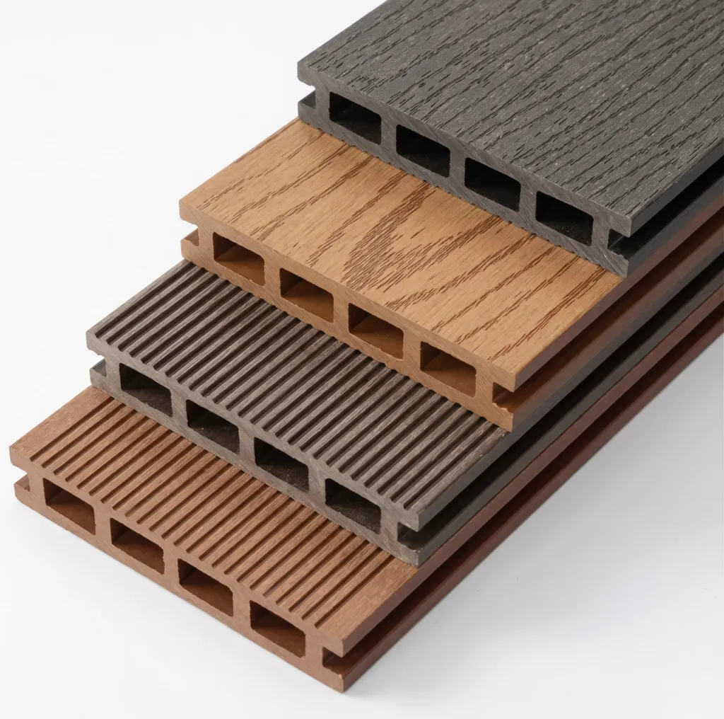 Four rectangular composite decking boards stacked in a staggered arrangement, each with a different color and surface texture, showing hollow core design.